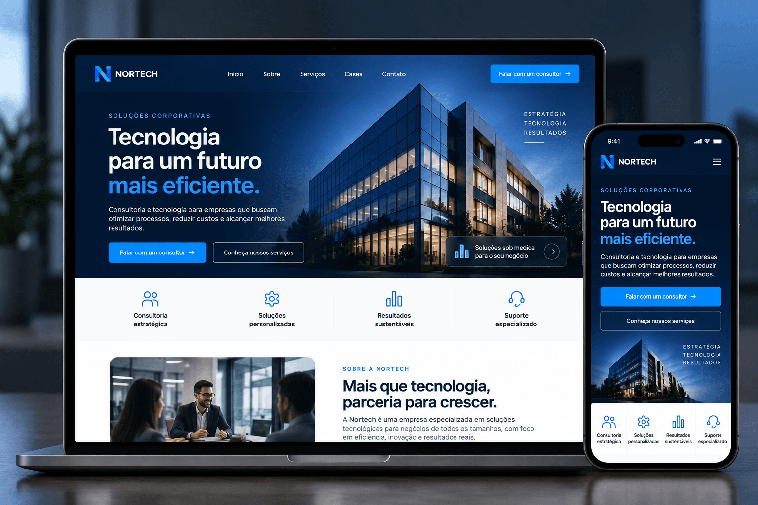 Prévia do projeto Nortech Soluções em notebook e celular