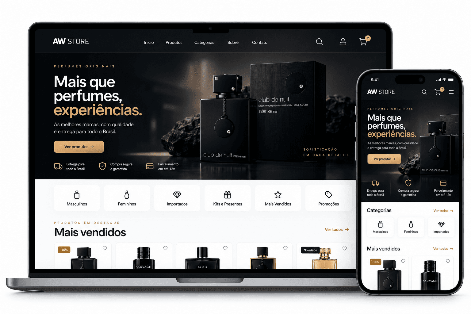 Exemplo visual de E-commerce em computador e celular