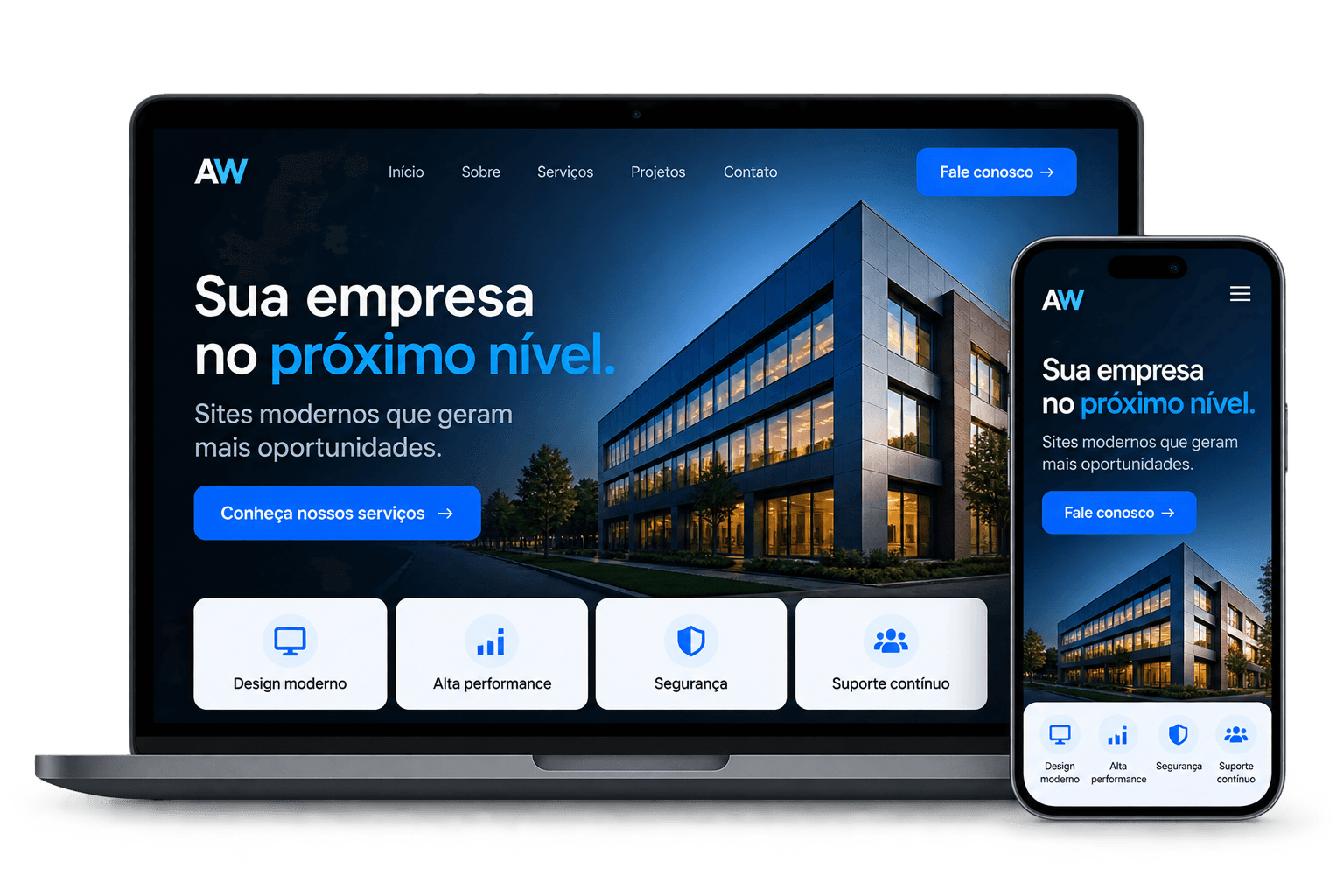 Exemplo visual de Sites institucionais em computador e celular