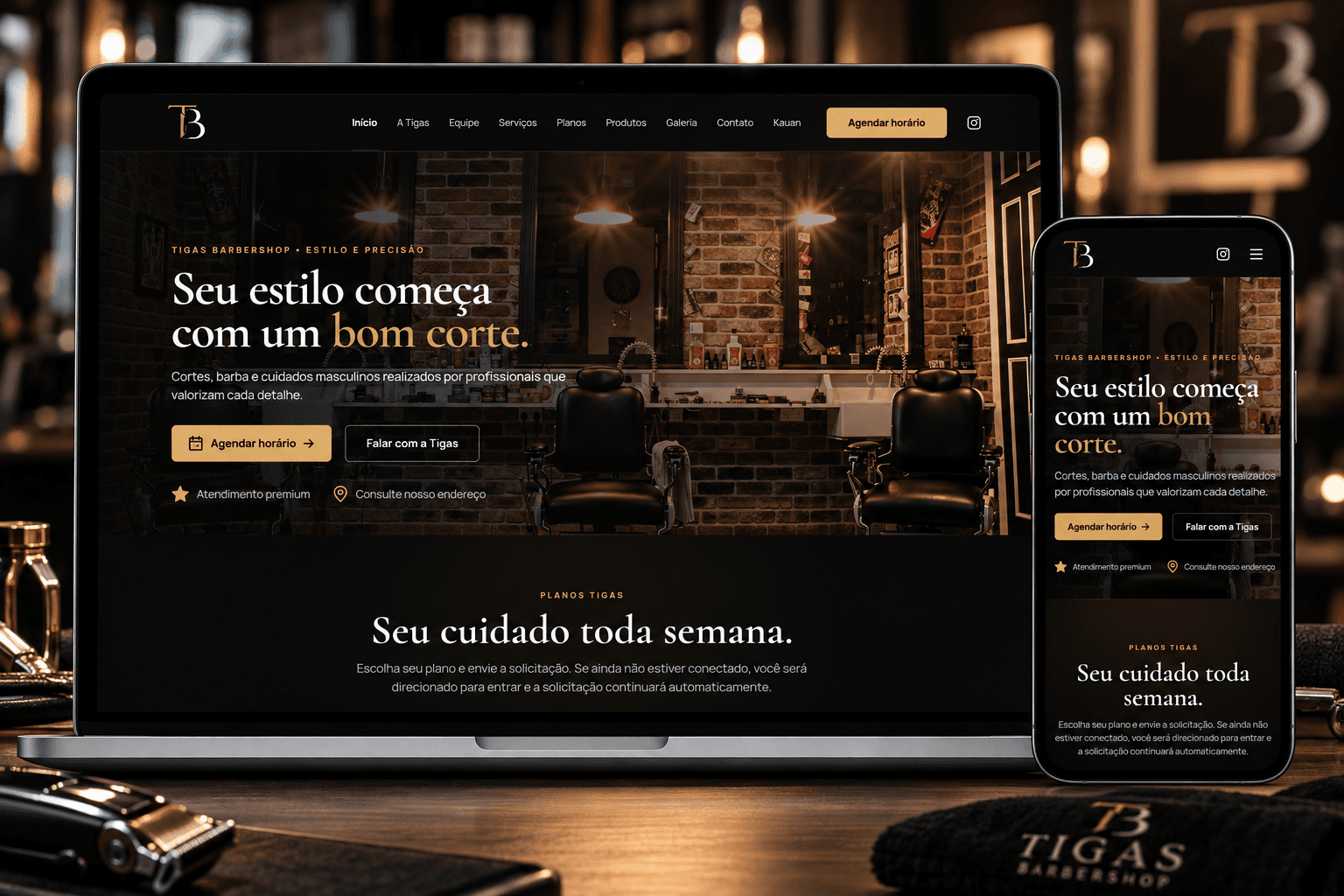 Prévia do projeto Tigas Barber Shop em notebook e celular